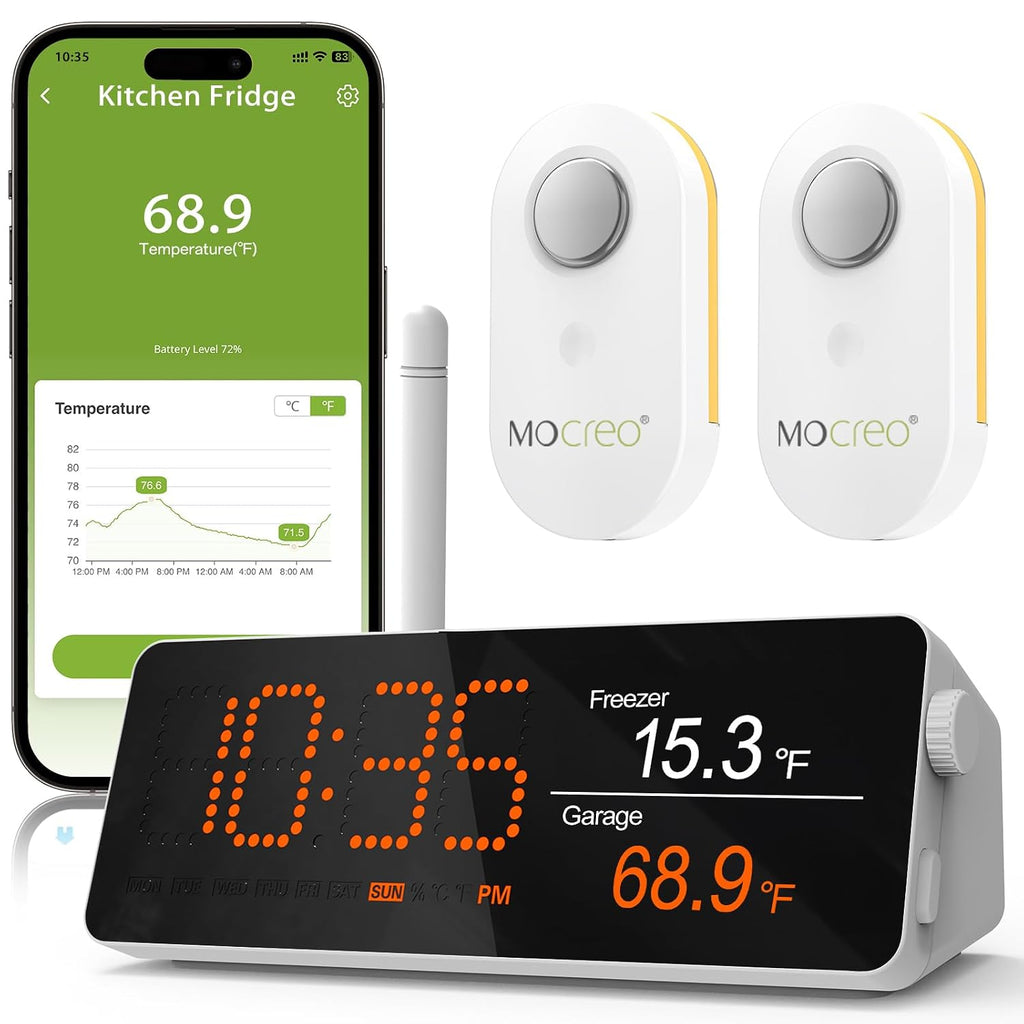 Termómetro remoto WiFi con alarma para congelador, rango de 1/3 milla de largo, IP66 a prueba de agua, alerta por correo electrónico desde la aplicación, con monitor digital y hub, 2 sensores