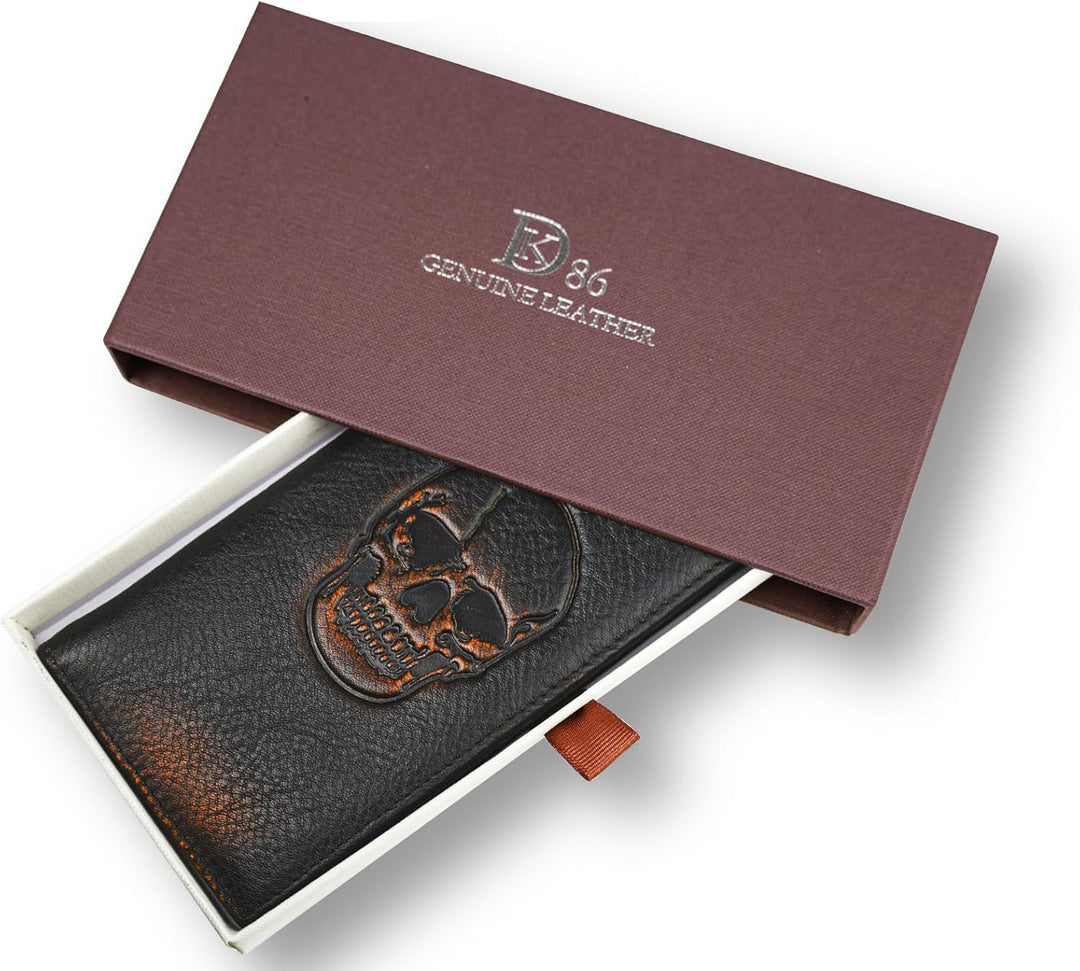 DK86 Cartera larga de calavera para hombre, cuero de grano completo...