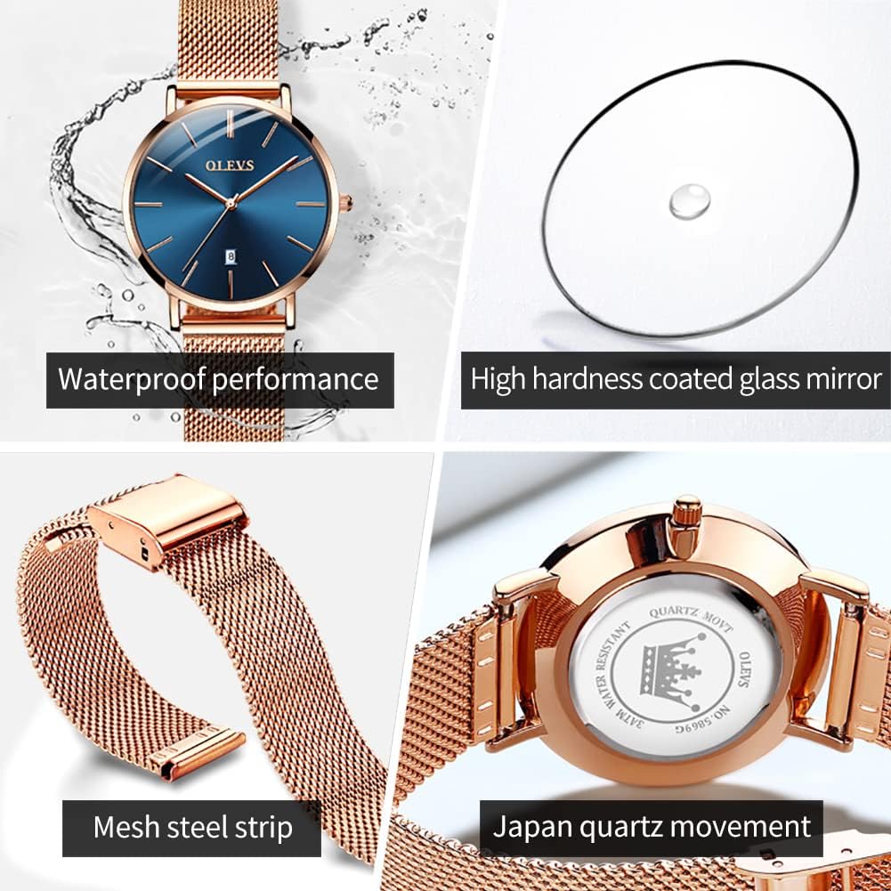 OLEVS Relojes para Mujeres y Juego de Pulseras Slim Casual Vestir Reloj de Muñeca para Dama Rosado Oro