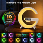 Lámpara Lámpara de mesa LED inteligente 5 en 1 con cargador inalámbrico, altavoz Bluetooth, reloj despertador, luz nocturna, estación de carga para dormitorio, mesita de noche, escritorio