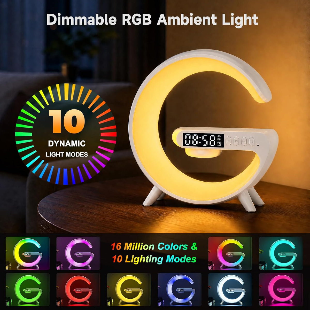 Lámpara Lámpara de mesa LED inteligente 5 en 1 con cargador inalámbrico, altavoz Bluetooth, reloj despertador, luz nocturna, estación de carga para dormitorio, mesita de noche, escritorio