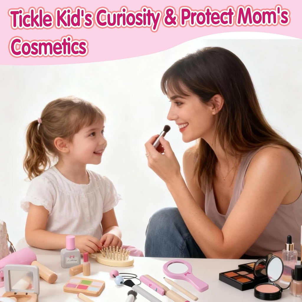 Juego de 19 juguetes de maquillaje de madera para niños pequeños, juegos de simulación para niños, juguetes de rol para niños, juguetes de salón de cosméticos falsos
