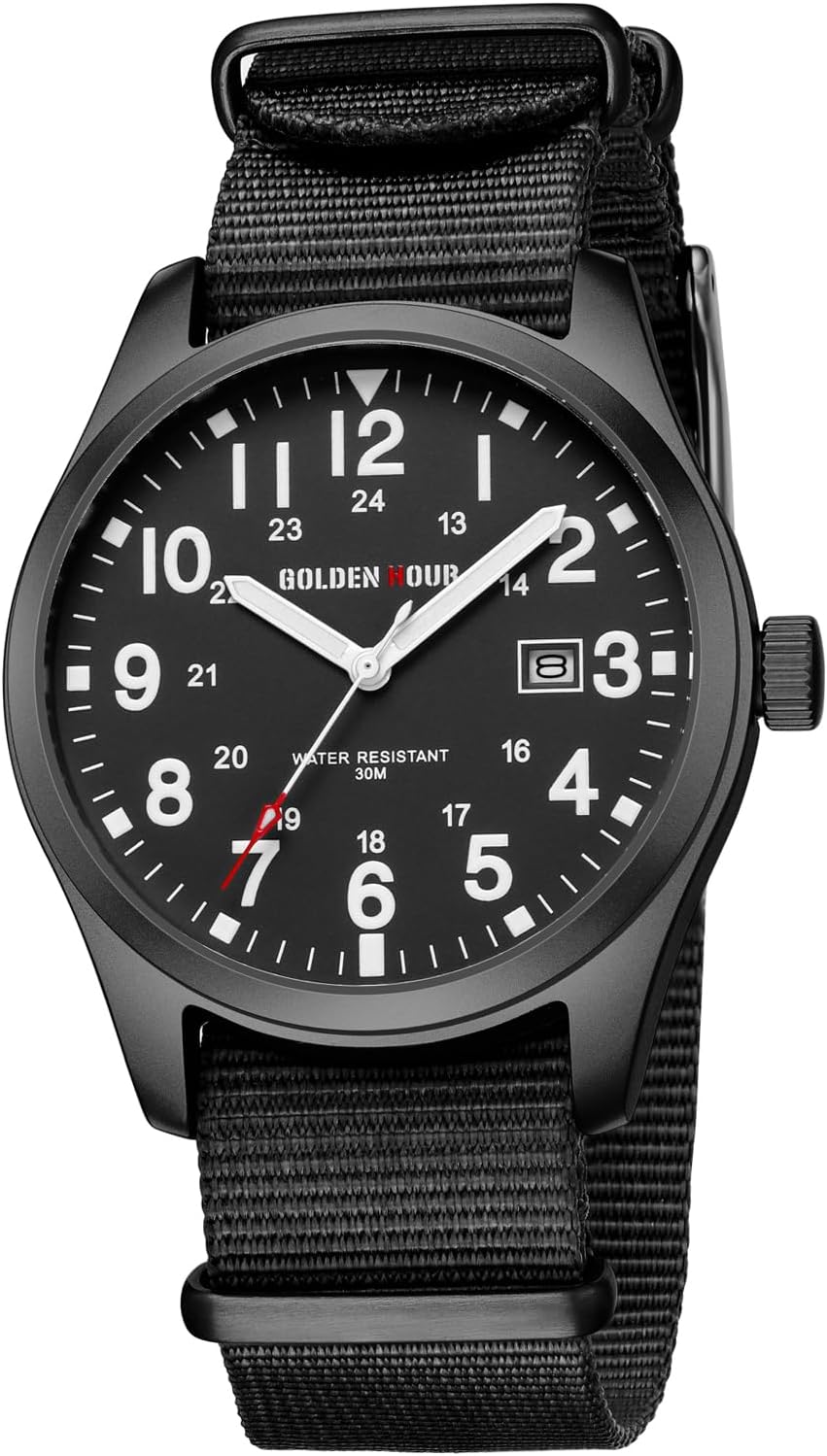 GOLDEN HOUR Reloj de hombre con correa de nailon antideslizante con esfera de hora militar de fácil lectura y manecillas luminosas