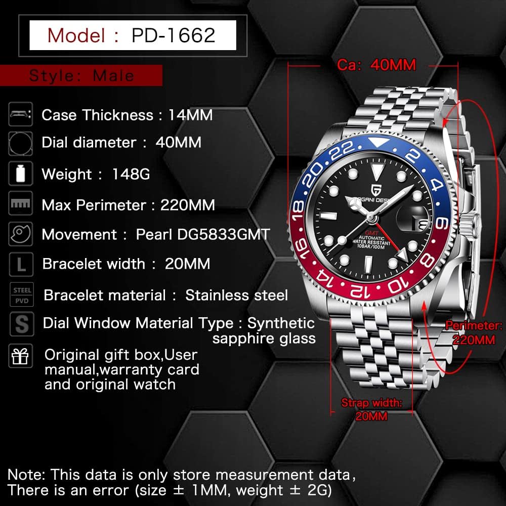 CADISEN Pagani Design 1662 GMT Reloj Automático Mecánico de Hombre de Grado Superior, Acero Inoxidable, Cristal de Zafiro, Reloj Deportivo de Buceo para Hombre, 1.57 pulgadas, Fecha, Resistente al