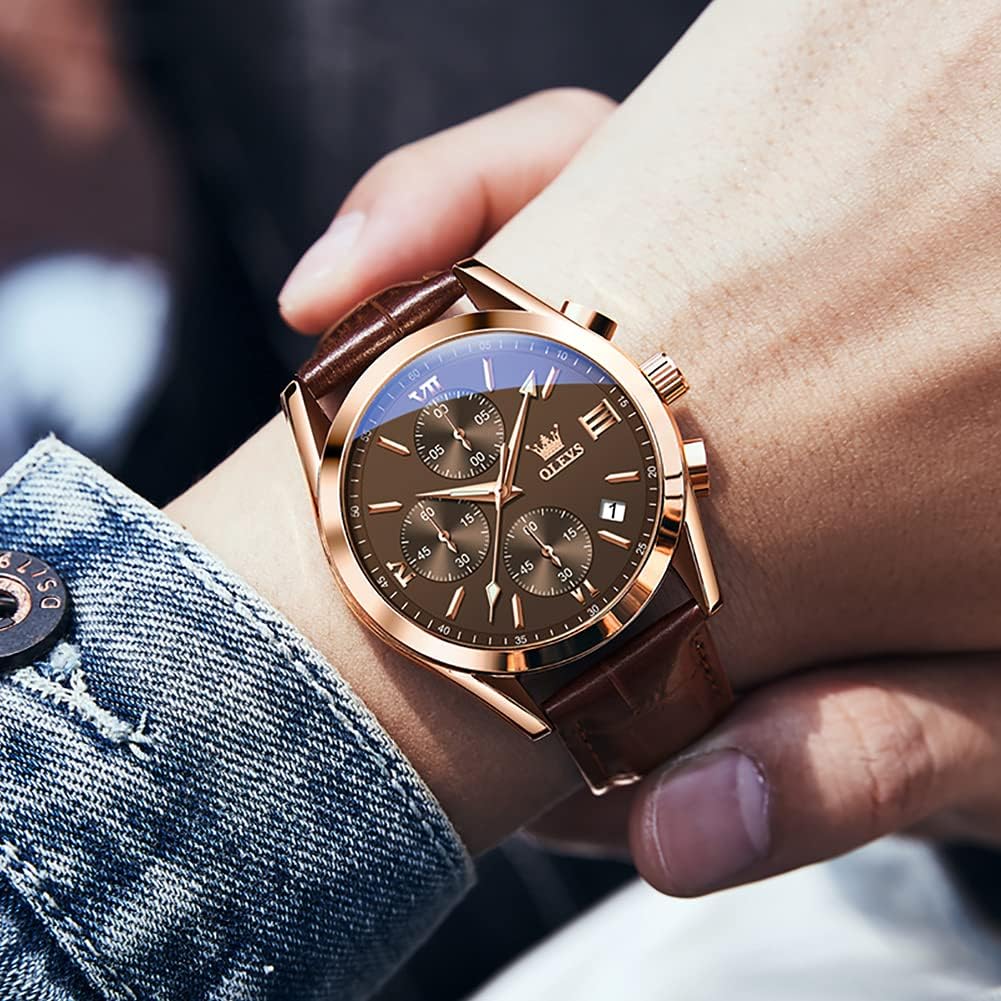 OLEVS Reloj de vestir de cuero para hombre, casual, cuarzo, marrón, pulsera, con fecha