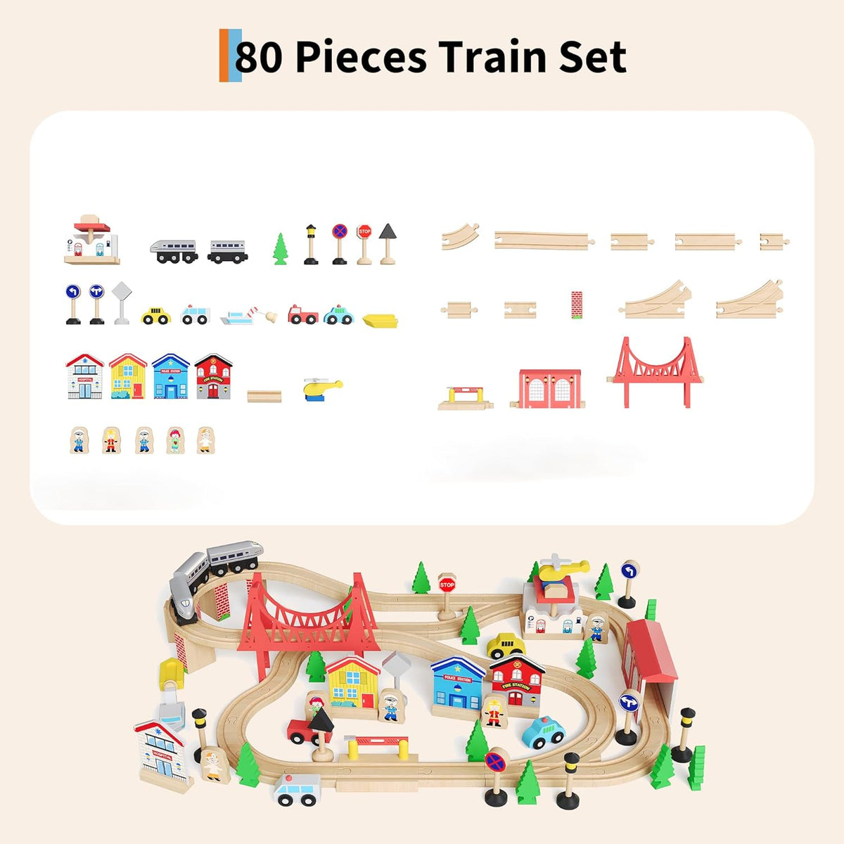 Mesa de tren 80 piezas de madera para niños con mesa