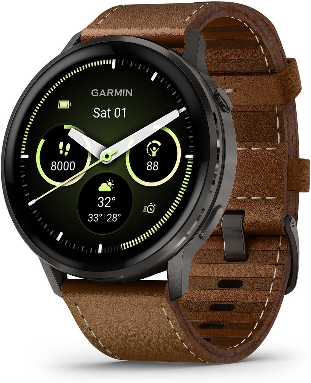 Garmin Venu® 4, Smartwatch avanzado para fitness, 45 mm, correa de cuero marrón