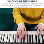 Teclado de piano electrónico portátil de 61 teclas con teclas iluminadas de tamaño completo, LCD, auriculares, soporte en X, taburete, atril para partituras, micrófono, adhesivos para notas, altavoces