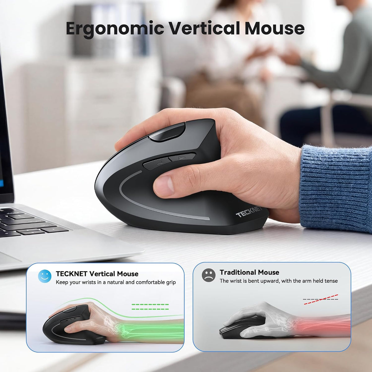 TECKNET Ratón Ergonómico, Ratones Verticales Recargables 2.4G+Bluet...