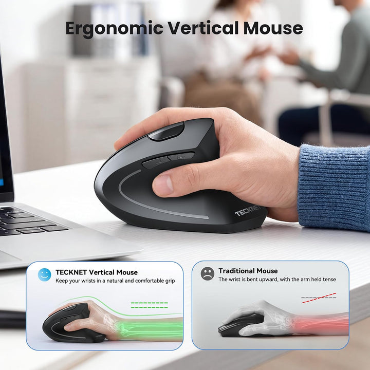TECKNET Ratón Ergonómico, Ratones Verticales Recargables 2.4G+Bluet...