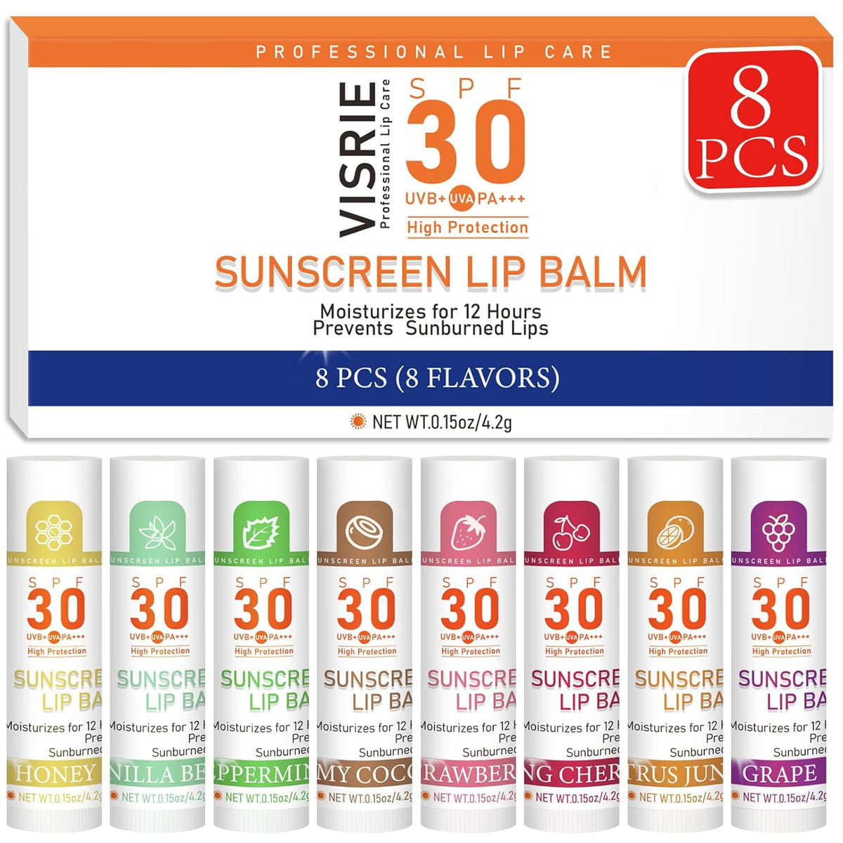 VISRIE Bálsamo labial SPF 30 con protector solar, paquete de 8 - 8...