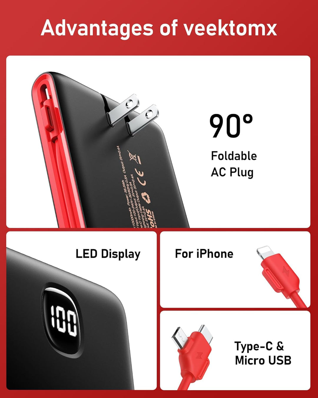 VEEKTOMX Cargador portátil con cables integrados de 10000 mAh, banc...