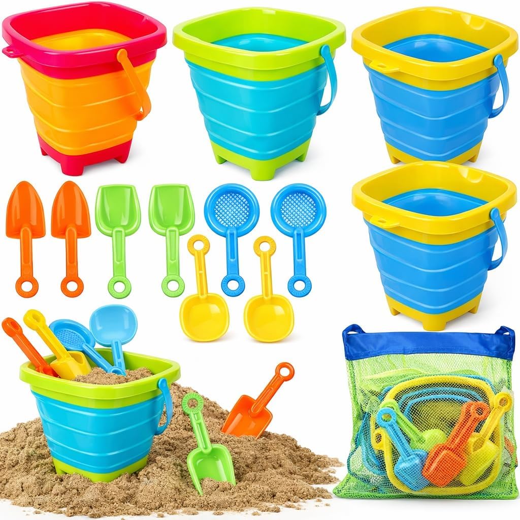 TOY Life Juguetes de playa plegables para niños con 4 cubos de arena plegables de silicona y 8 palas y bolsa de malla, accesorios de playa para viajes, juguetes de arena para niños, juguetes de caja