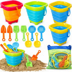 TOY Life Juguetes de playa plegables para niños con 4 cubos de arena plegables de silicona y 8 palas y bolsa de malla, accesorios de playa para viajes, juguetes de arena para niños, juguetes de caja