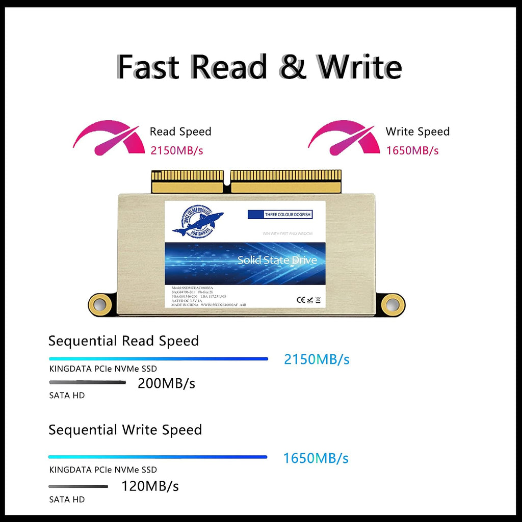 Dogfish 512GB SSD para MacBook PCIe Gen3x4 M.2 NVMe, unidad interna de estado sólido actualización para MacBook Pro A1708 (2016-2017)