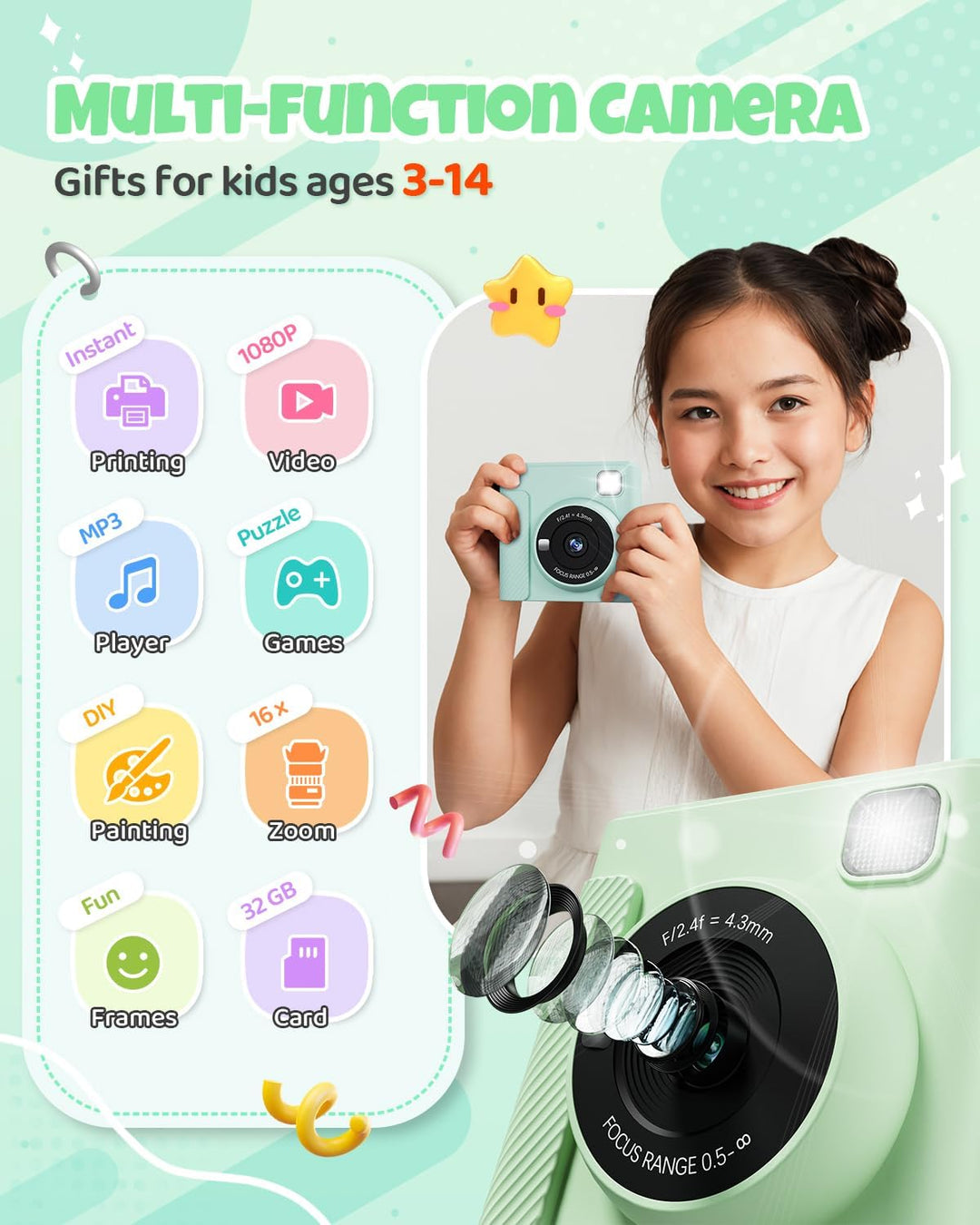 TIATUA Cámara de impresión instantánea para niños, regalos de cumpl...