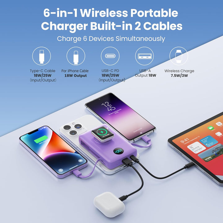 Cargador portátil magnético 6 en 1 para iPhone con cables integrado...