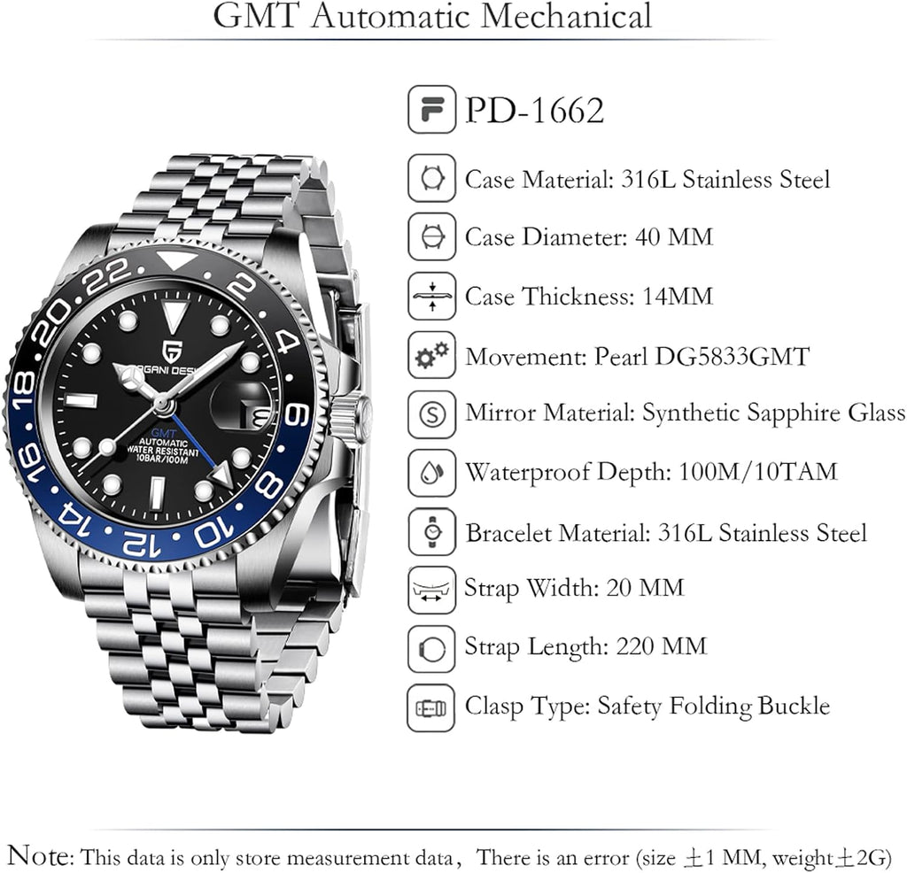 Reloj Pagani Design GMT para hombre, reloj automático de 1.575 pulgadas (40 mm), fecha, 100M resistente al agua, acero inoxidable, cristal de zafiro, reloj mecánico de pulsera PD-1662