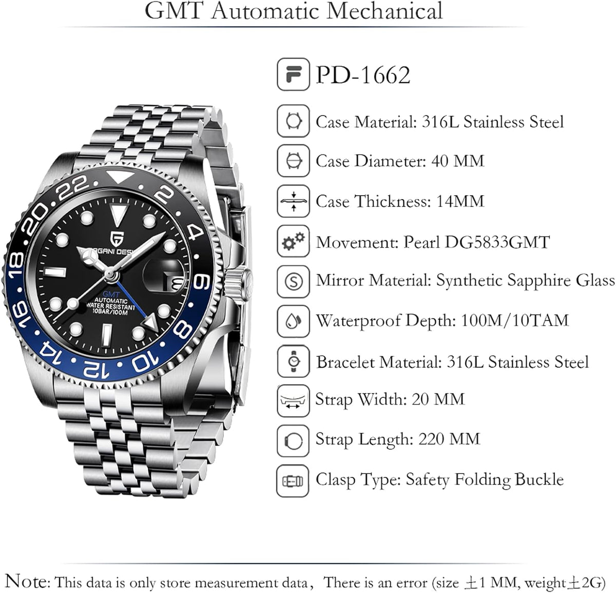 Reloj Pagani Design GMT para hombre, reloj automático de 1.575 pulgadas (40 mm), fecha, 100M resistente al agua, acero inoxidable, cristal de zafiro, reloj mecánico de pulsera PD-1662