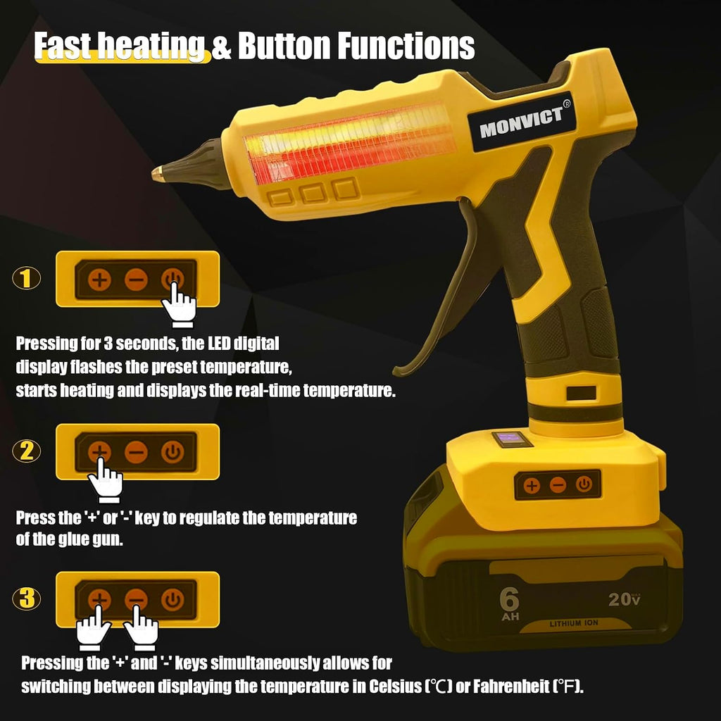 Pistola de pegamento sin cable para batería Dewalt 20V, pistola de pegamento caliente eléctrica portátil de tamaño completo de 100W de potencia eléctrica con temperatura digital ajustable