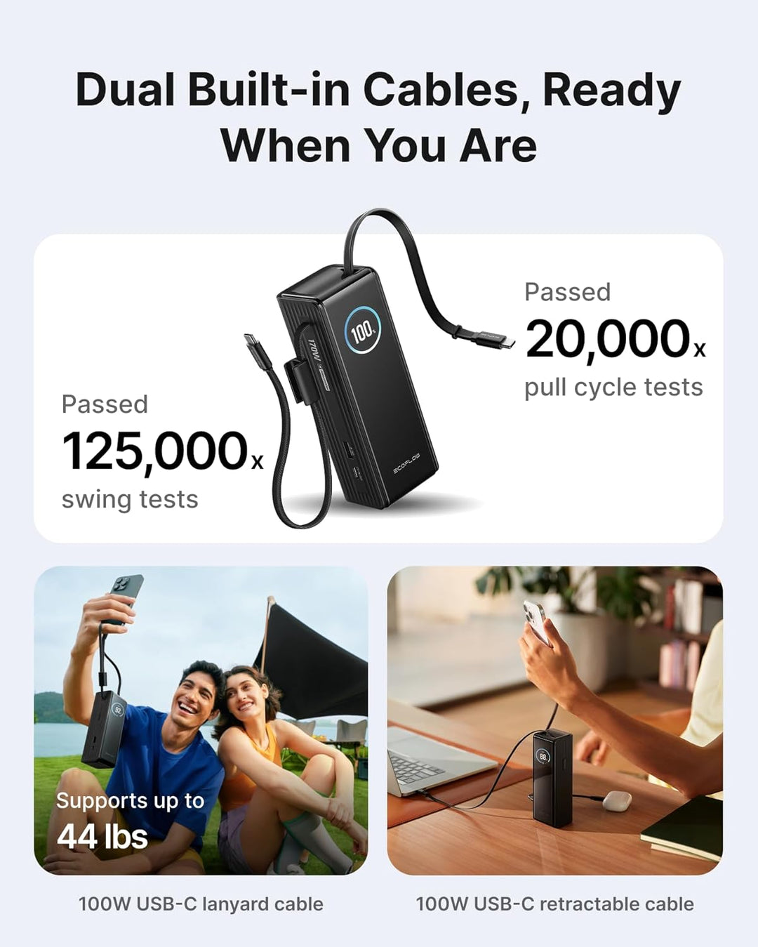 EF ECOFLOW Rapid Power Bank, 25,000 mAh, cables integrados y retrác...