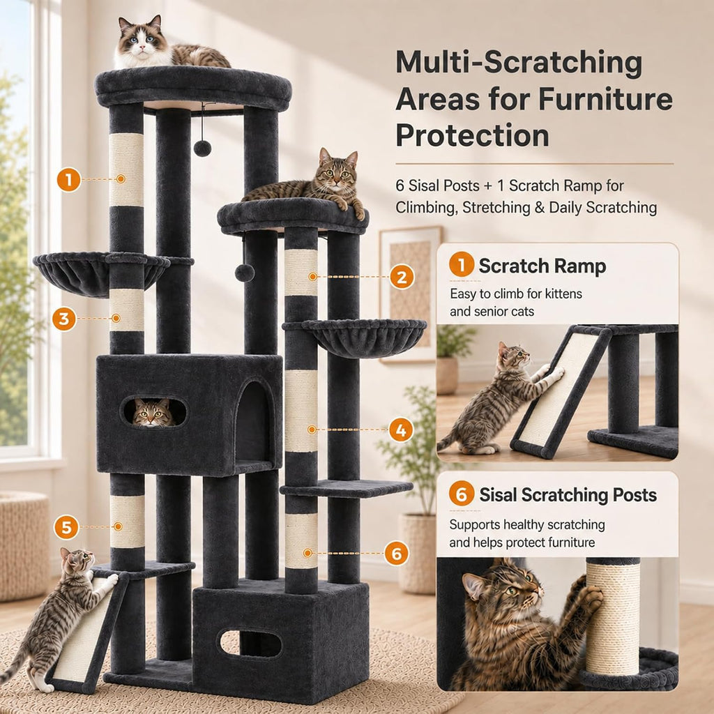 Árbol de gato de 75 pulgadas de alto para gatos de interior, grande