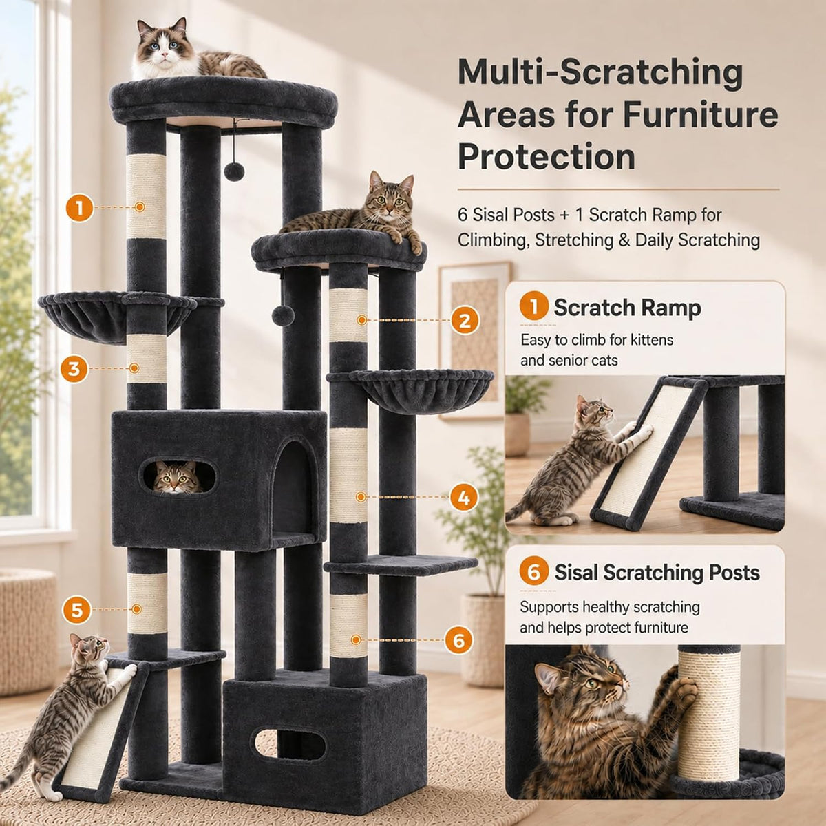 Árbol de gato de 75 pulgadas de alto para gatos de interior, grande