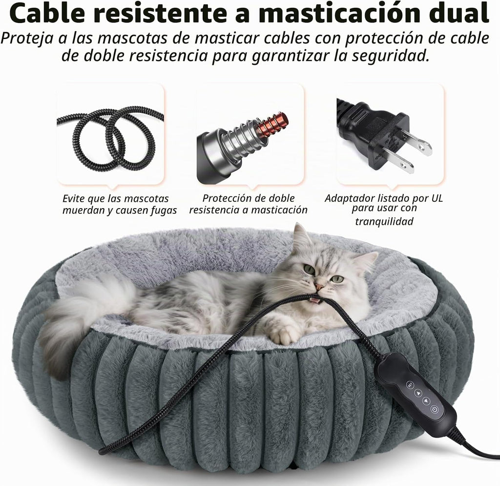 Camas calefactables para gatos de interior y perros pequeños, cama térmica de 24 pulgadas para mascotas con temporizador y temperatura ajustable, cama eléctrica extraíble e impermeable para