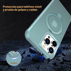 Funda magnética compatible con iPhone 16 Pro con soporte, prueba de caídas de grado militar, compatible con imán, anillo translúcido, parte trasera dura, borde suave, verde azulado