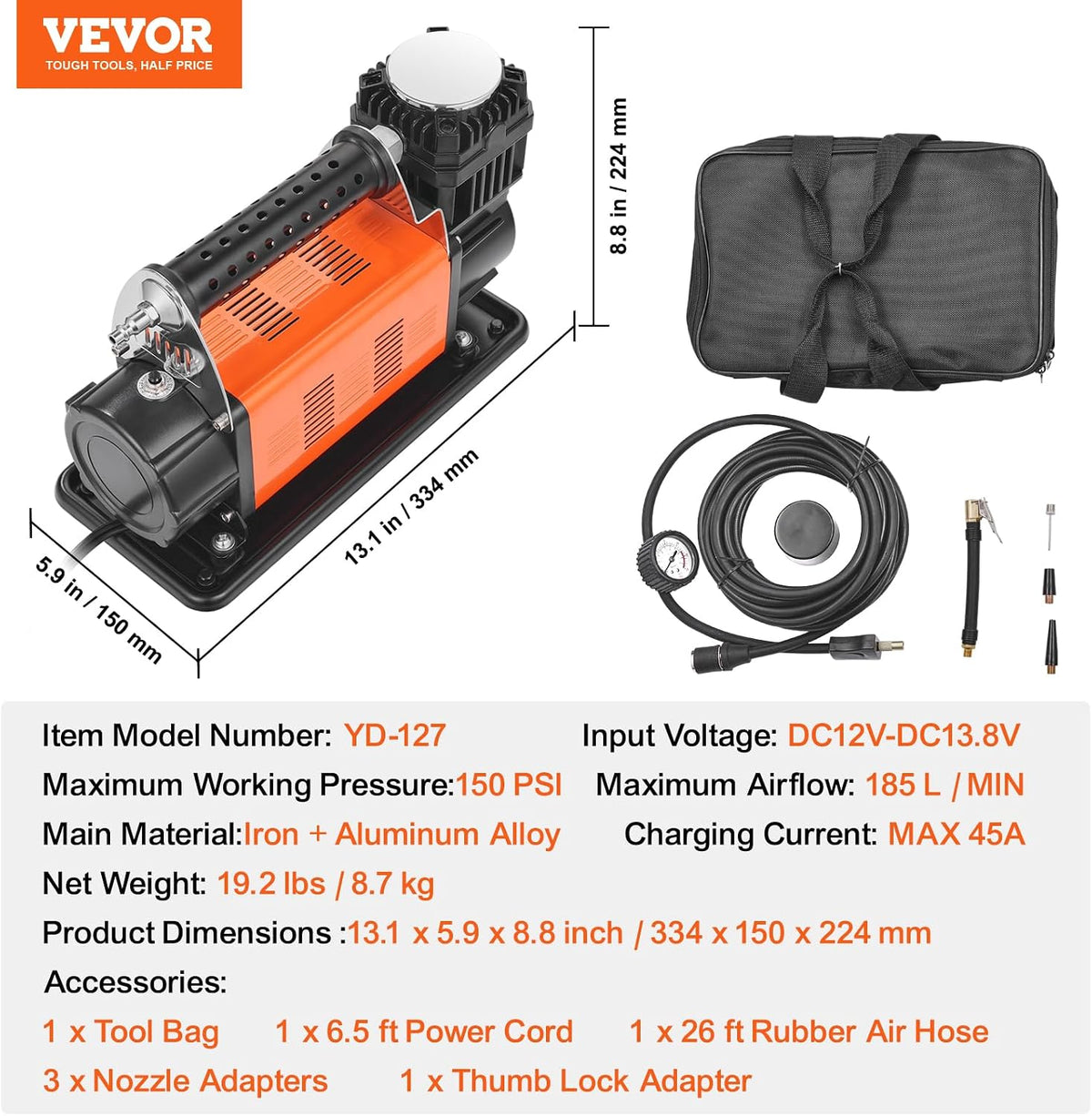 VEVOR - Inflador de neumáticos portátil de 12V, compresor de aire d...