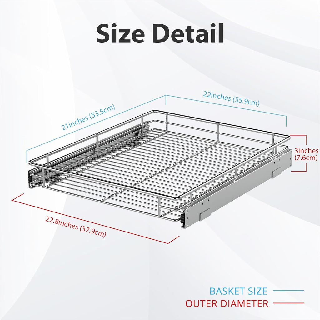 ZOINLIY Organizador de armario extraíble, versátil organizador de cocina deslizante y almacenamiento, cesta de almacenamiento de cajones resistente, deslizamiento suave, acabado cromado, 22.8 pulgadas