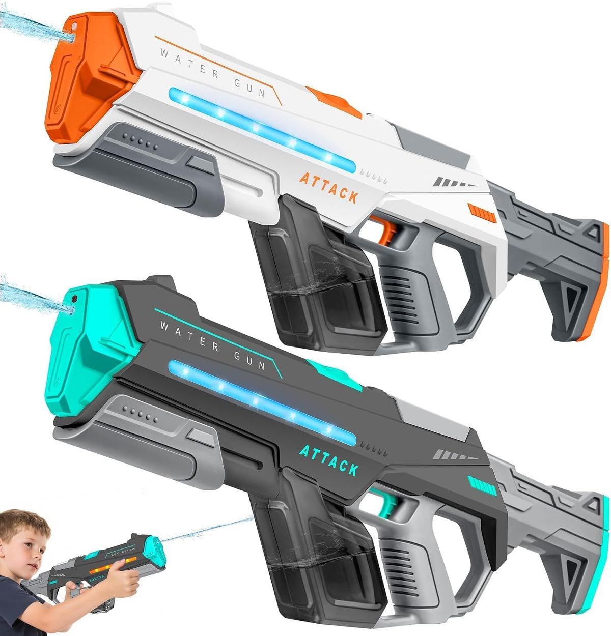 Paquete de 2 pistolas de agua eléctricas para adultos, pistolas de chorro para niños con luz y gran capacidad, potente pistola de agua de hasta 28-32 pies de alcance para verano, piscina, fiesta
