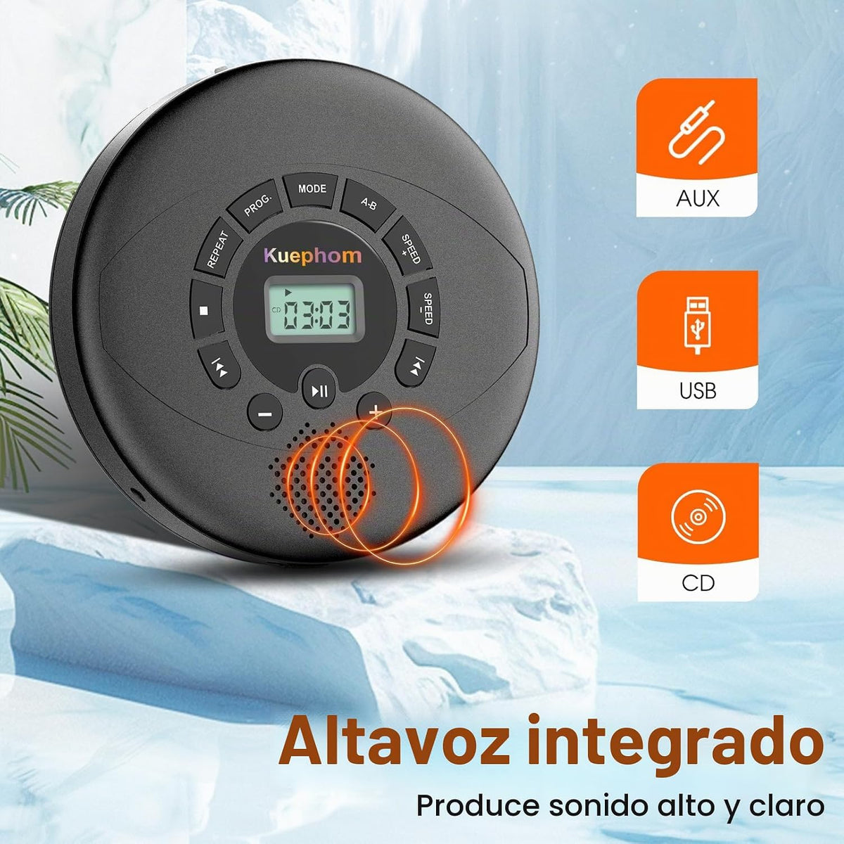 Reproductor de CD portátil con altavoz y auriculares