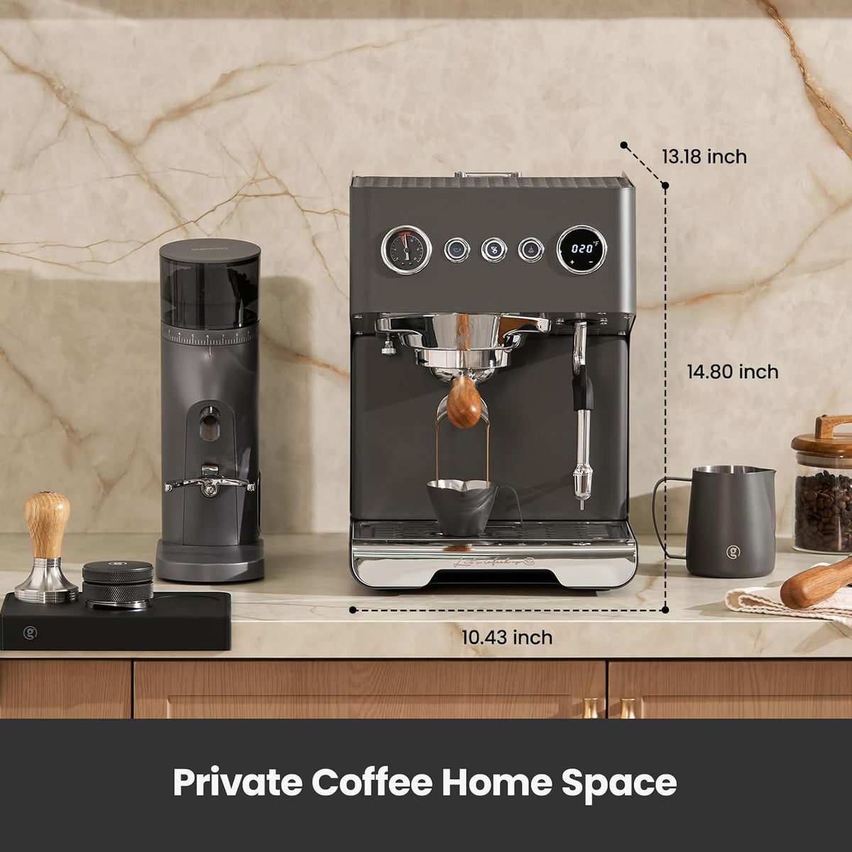 Gemilai G3028A - Máquina de café expreso, cafetera profesional de 15 bares con presión ajustable y espumador de leche automático, doble PID y caldera de 18.6 fl oz, tanque de 57 onzas, acero inoxidable para capuchino, gris latte