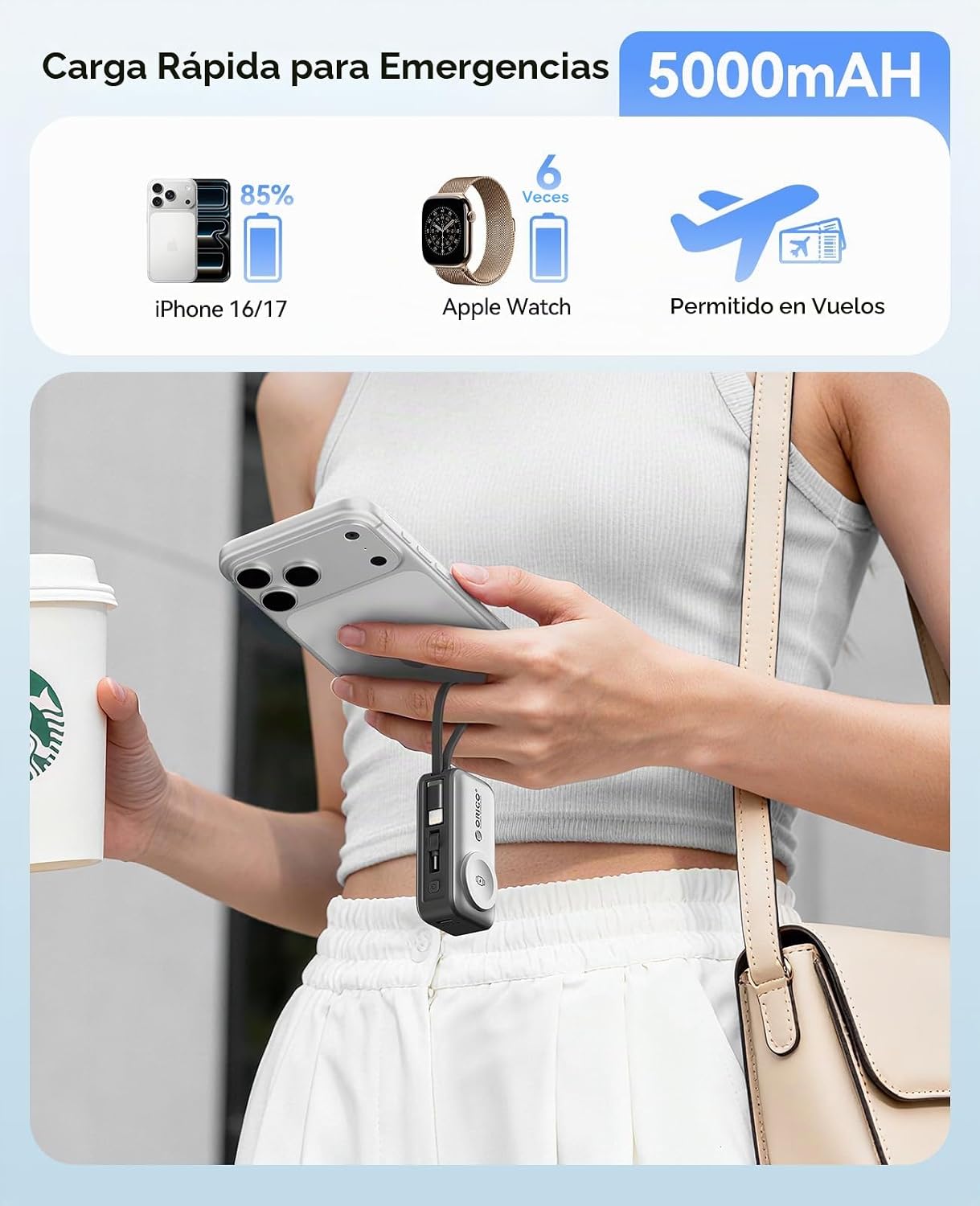 ORICO Cargador portátil con cable Lightning integrado, cargador de...