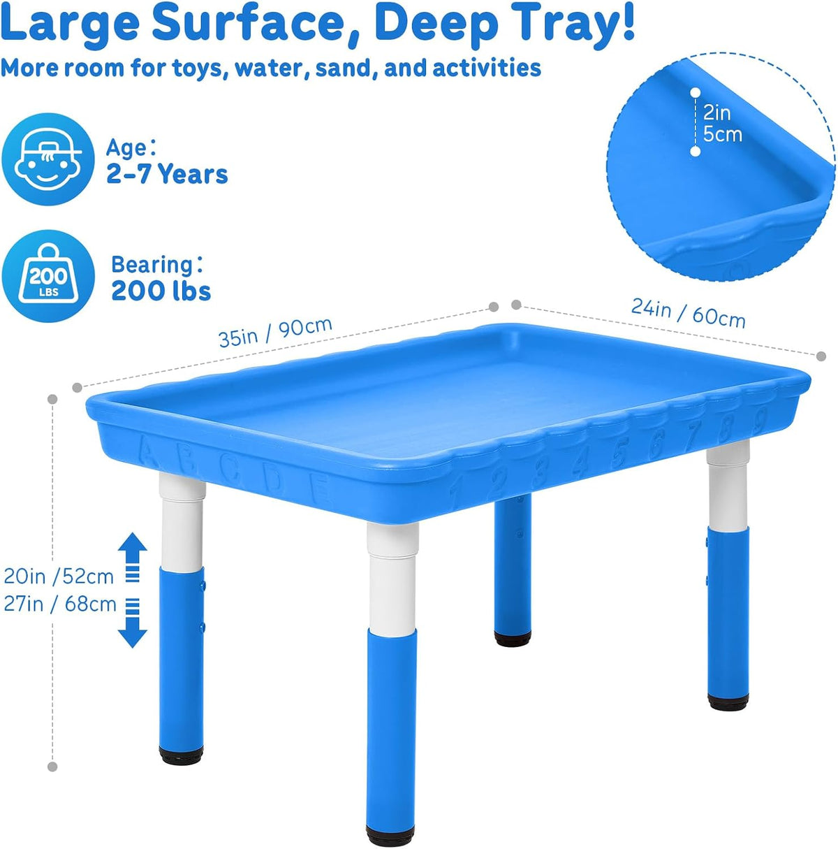 FUNLIO Mesa sensorial para niños (35 x 24 pulgadas), mesa sensorial rectangular de altura ajustable, multiuso como mesa de agua y mesa de arena para interiores y exteriores, fácil de montar en 3