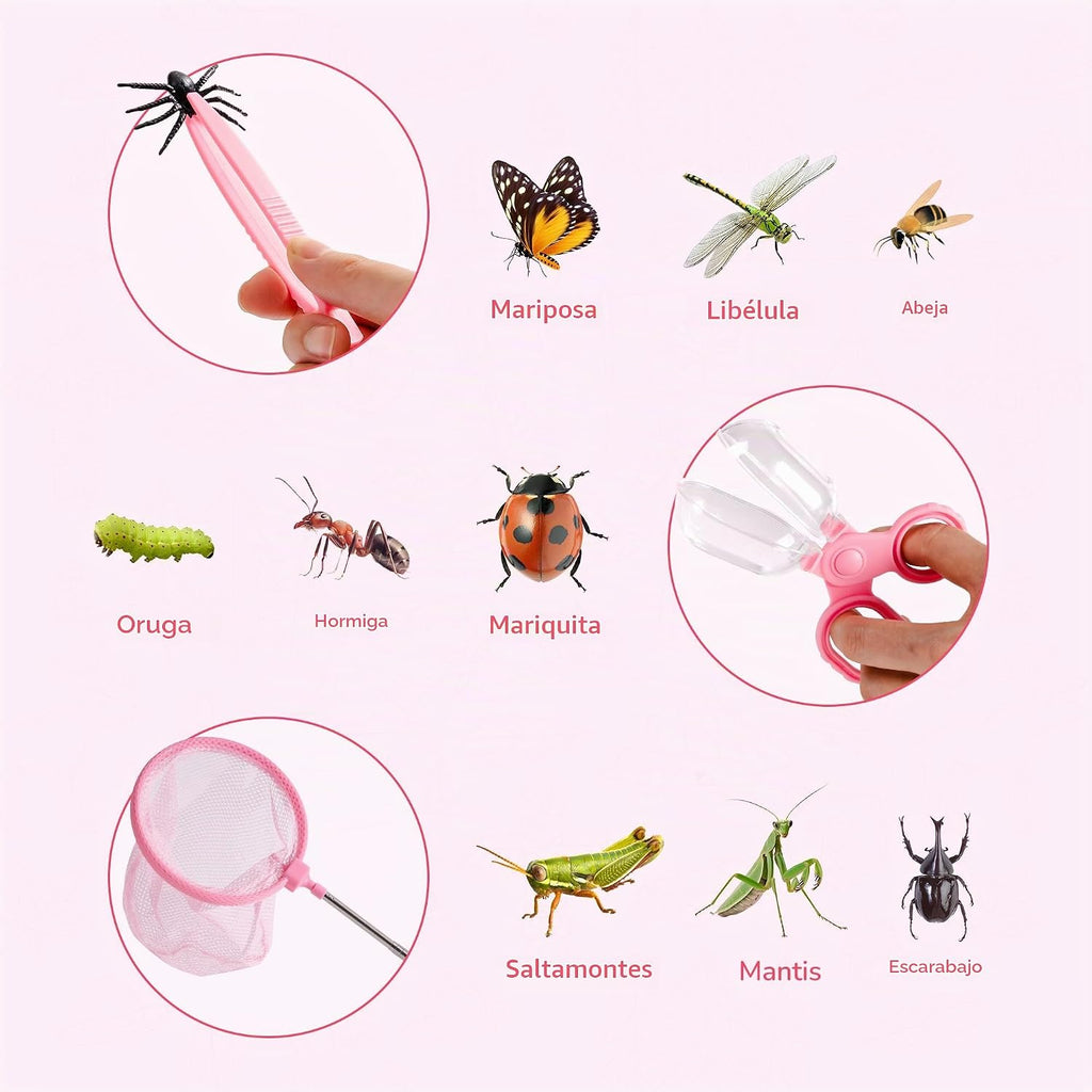 ROBOTIME Kit explorador para niños y kit de atrapador de insectos para niños, kit de 10 piezas para atrapar insectos al aire libre con lupa y red, juego de aventura para patio trasero y campamento, regalo divertido para niñas de 3 a 12 años (rosa)