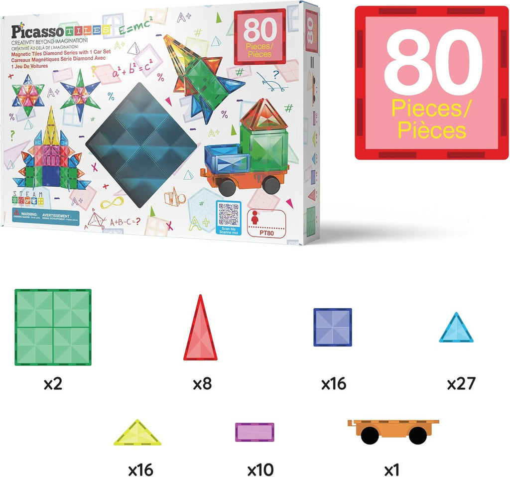 PicassoTiles Juego de 80 piezas de azulejos magnéticos, juego de