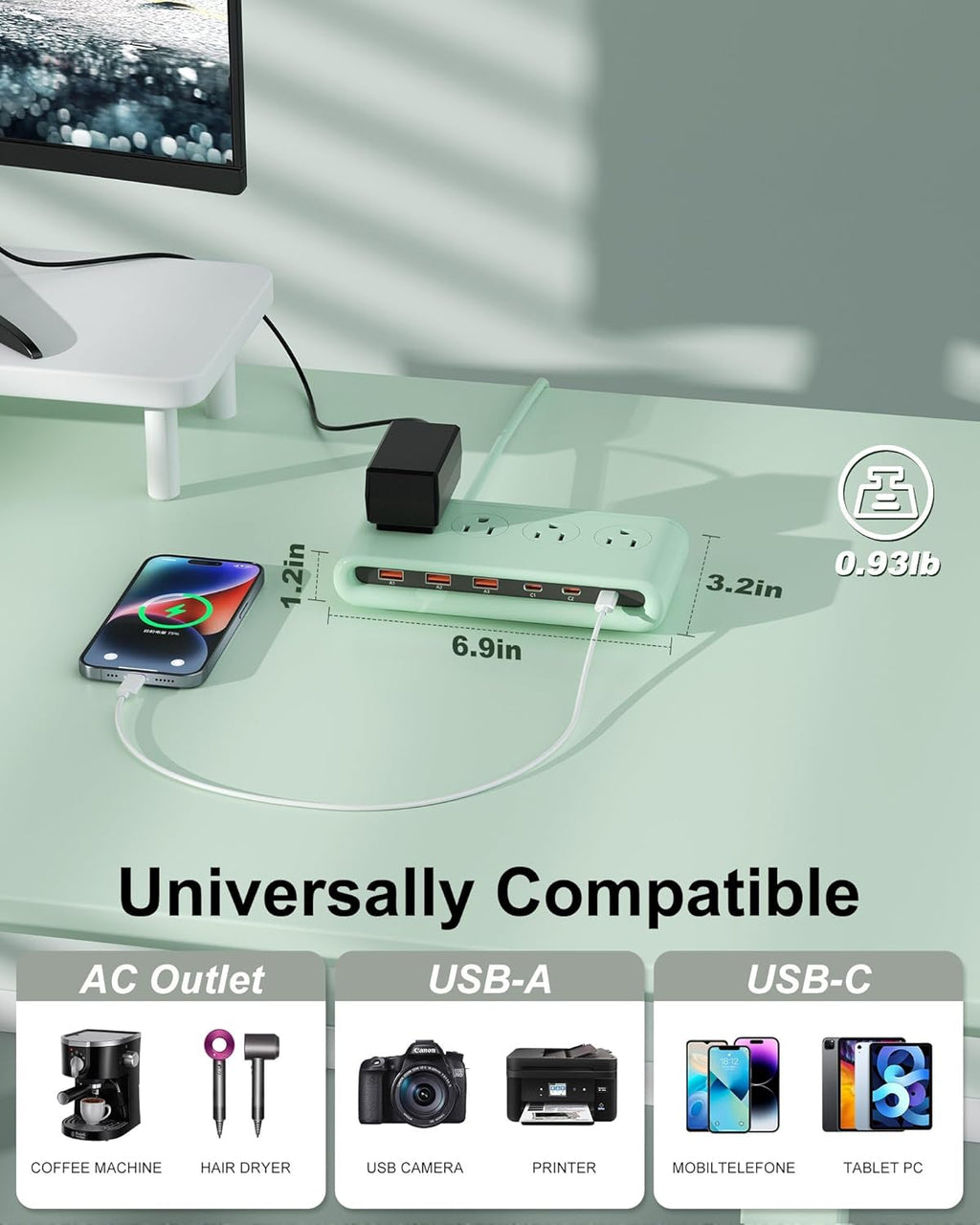 Regleta de alimentación con USB C de 35 W, cargador de pared de enchufe plano 10 en 1, cable de extensión de 5 pies con 4 CA, 3 USB A y 3 USB C, estación de carga PD20W para múltiples dispositivos