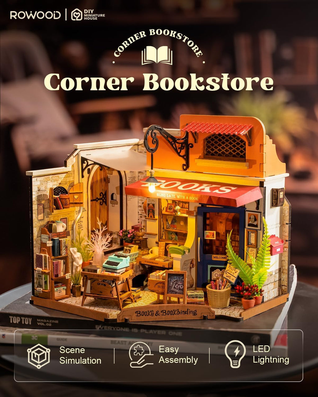 Rowood Kit de casa en miniatura, kit de construcción de mini casa para el día de la madre con LED, kits de manualidades de casa de muñecas para adultos, cumpleaños para mujeres a partir de 14 años (librería de esquina)