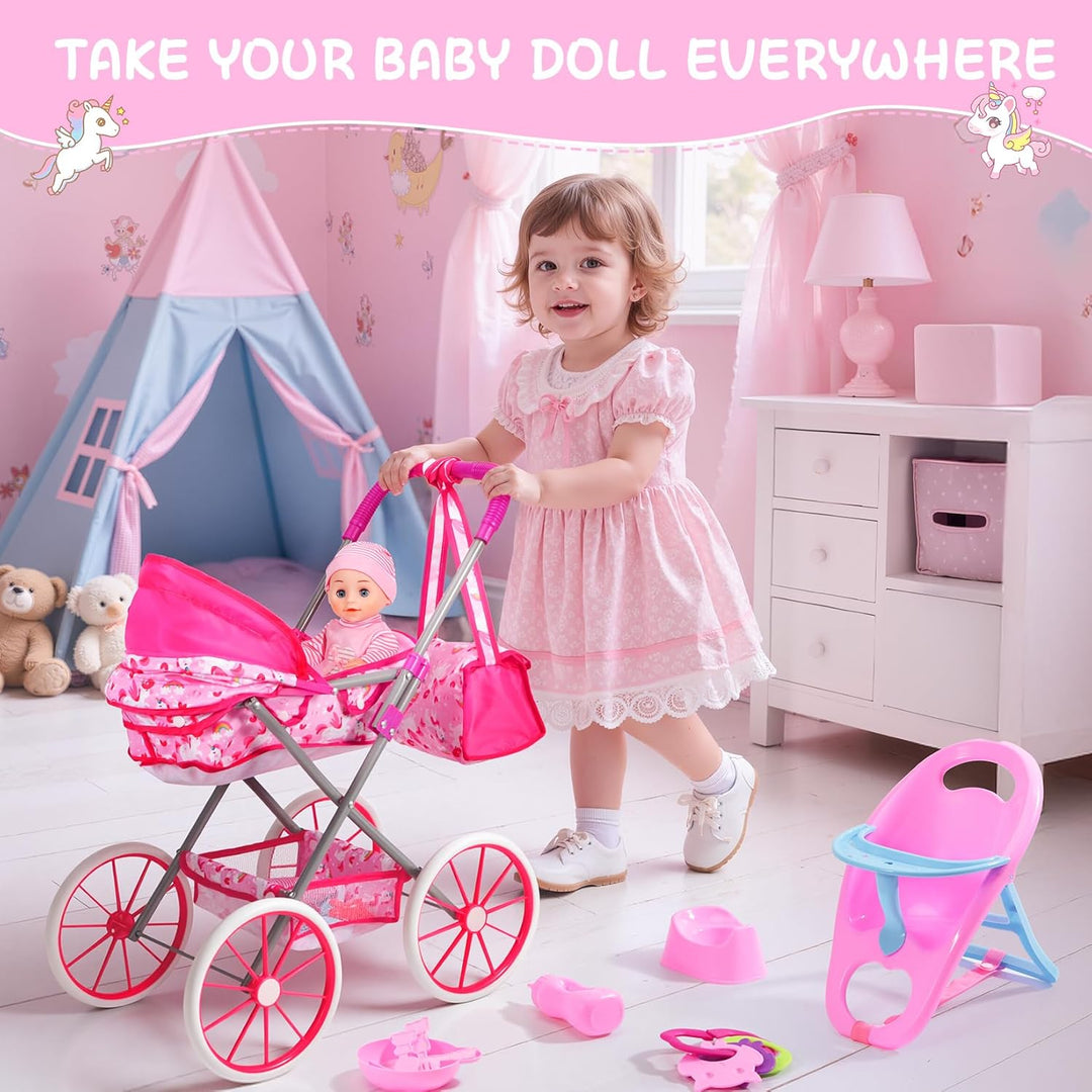 DRAMATION Juego de cochecito de muñeca de unicornio con muñeca de b...