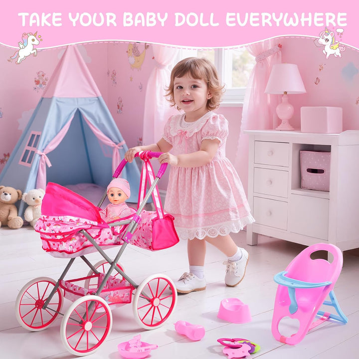 DRAMATION Juego de cochecito de muñeca de unicornio con muñeca de b...