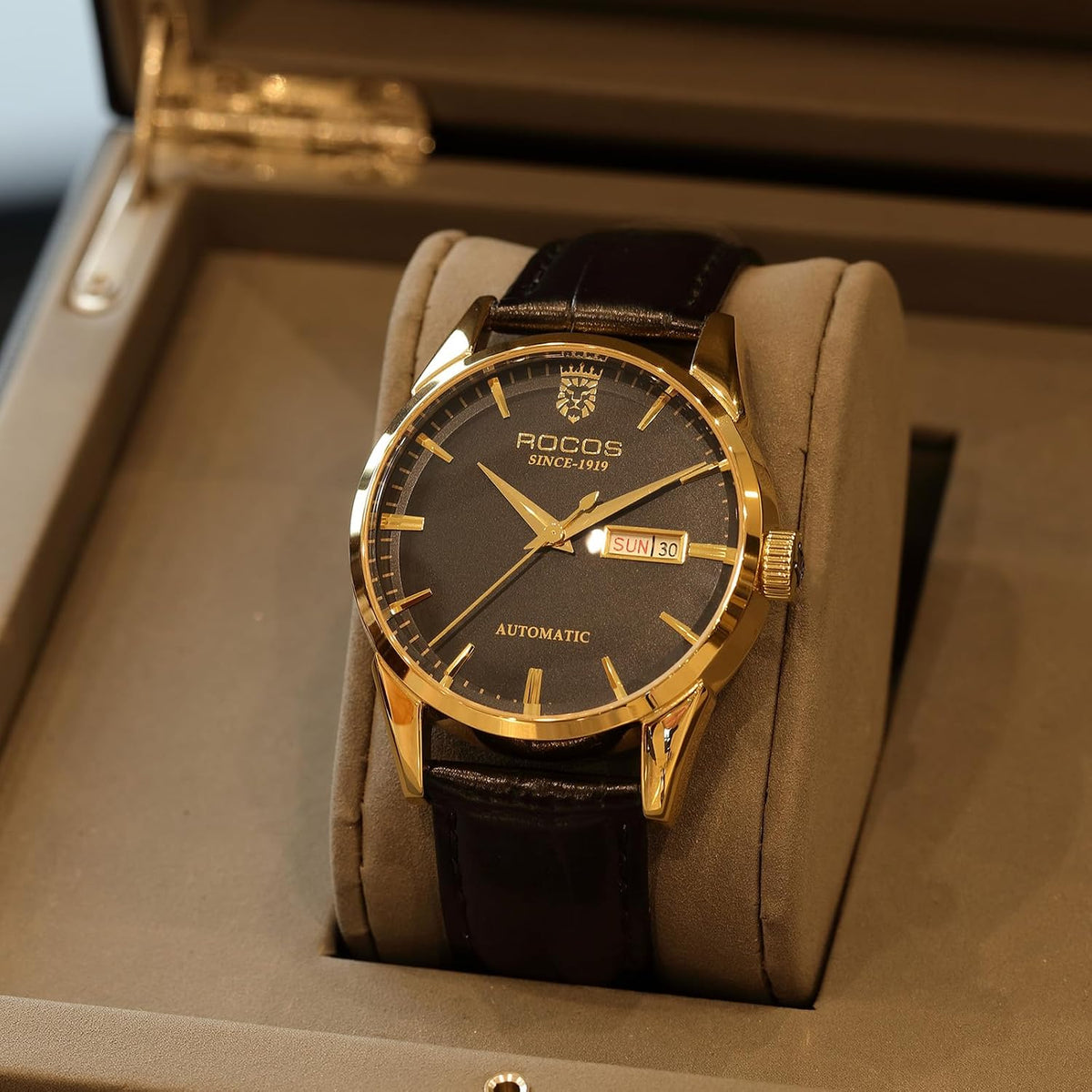 ROCOSJEWE Reloj automático para hombre, esqueleto, calendario, pantalla de día, correa de lujo de cuero negro, reloj de vestir, regalo R0101, esquema de color negro y dorado
