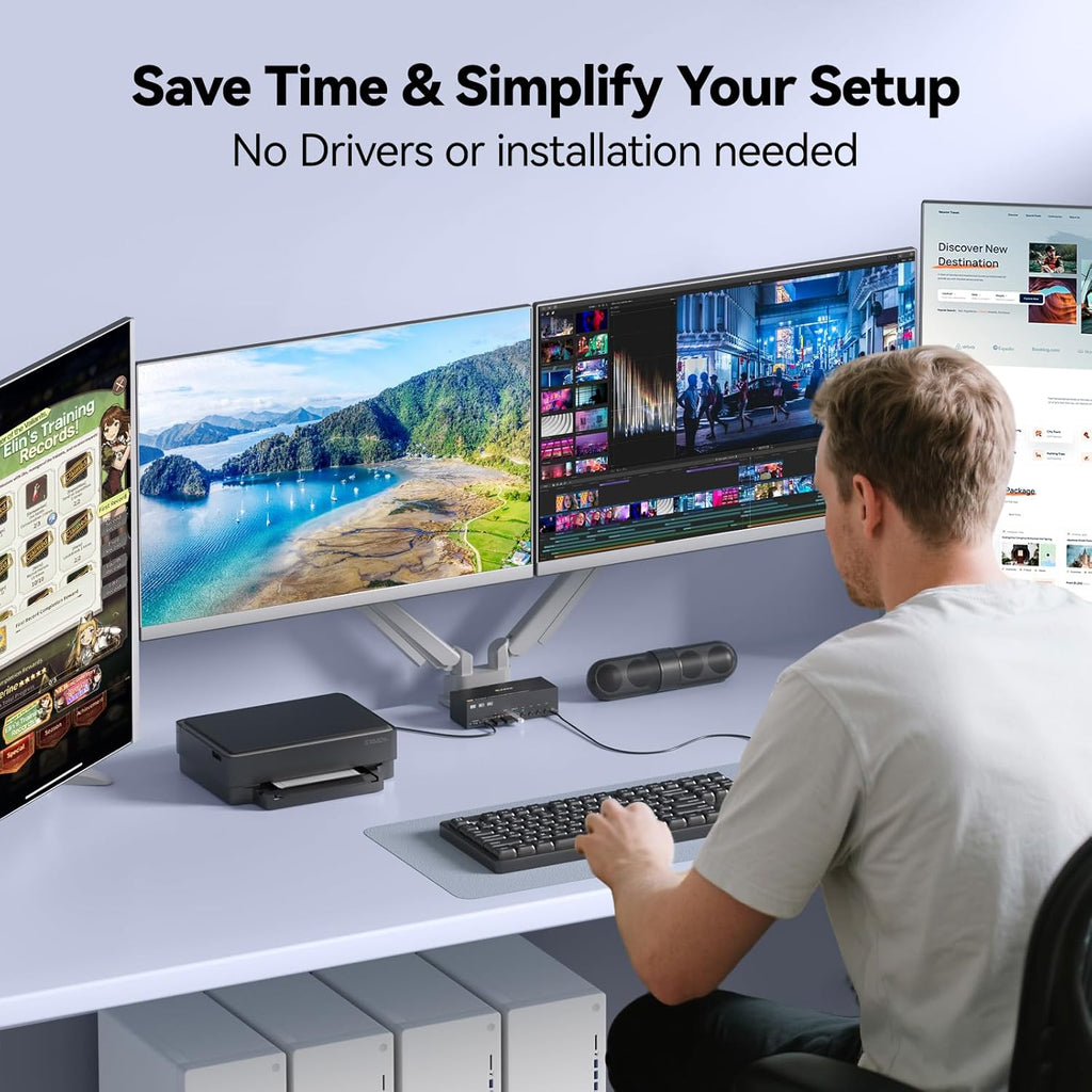 Conmutador KVM de 4 monitores para 4 computadoras HDMI + DisplayPort, conmutador KVM KCEVE DP con conector de audio, 8K @30Hz/4K @144Hz para 4 PC, comparte 4 displays y 4 dispositivos USB 3.0