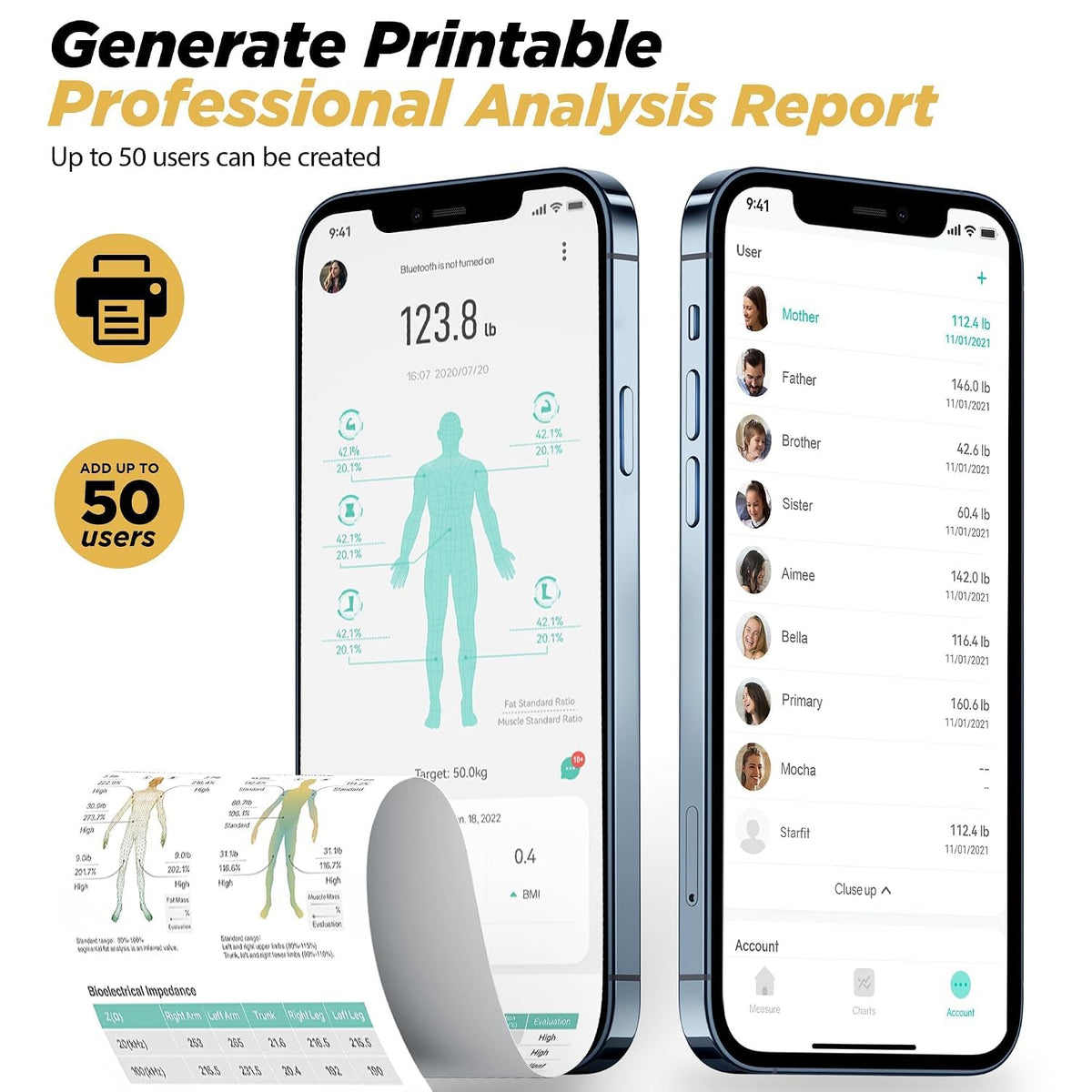 RunStar Báscula de 8 electrodos para peso corporal, mango de pantalla a