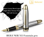 BEILUNER Pluma estilográfica cromada plateada 315, impresionantes plumas de lujo con detalles de oro de 24 quilates, hermosa plumilla dorada de 24 quilates (fina), convertidor de tinta, regalo de