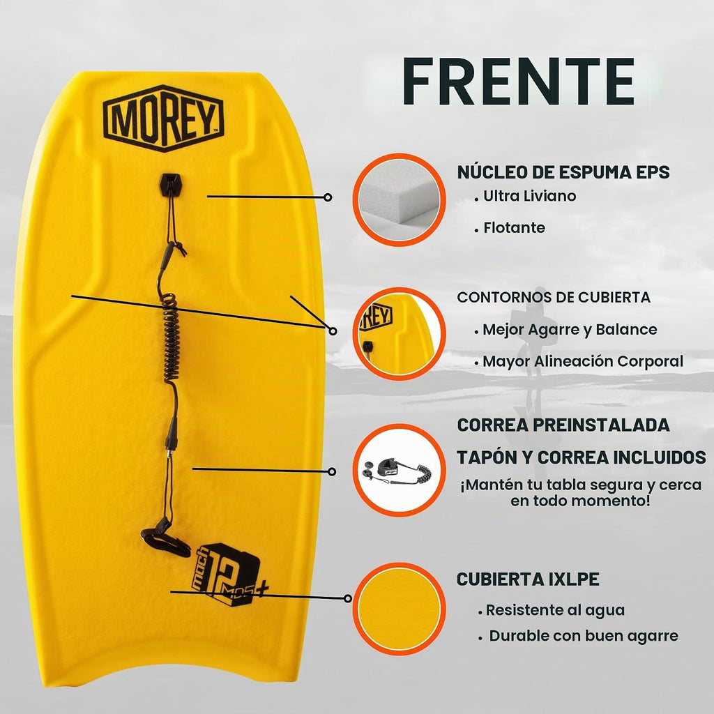 MOREY® Tabla Boogie. Mach 12 MDS, bodyboard de 42.5 pulgadas. Tablas de cuerpo de velocidad dinámica para playa, para todos los niveles de habilidad, cuerda de fibra de vidrio integrada, con correa de
