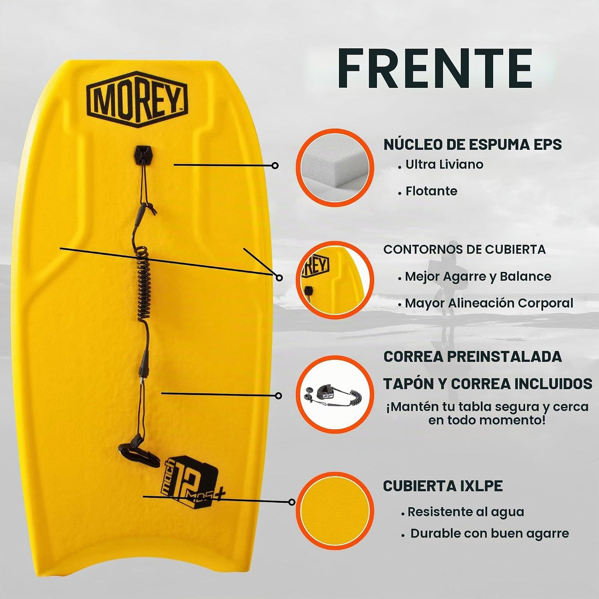 MOREY® Tabla Boogie. Mach 12 MDS, bodyboard de 42.5 pulgadas. Tablas de cuerpo de velocidad dinámica para playa, para todos los niveles de habilidad, cuerda de fibra de vidrio integrada, con correa de