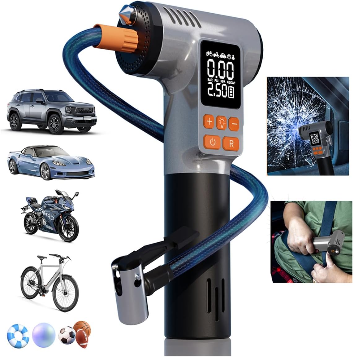 Inflador de Neumáticos para Coche con Rompeventanas y Cortador de C...