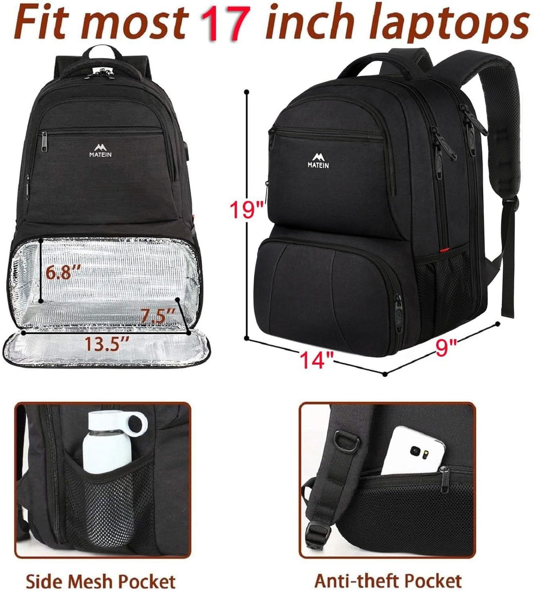 MATEIN Mochila de almuerzo para hombres, mochila térmica de 17 pulg...